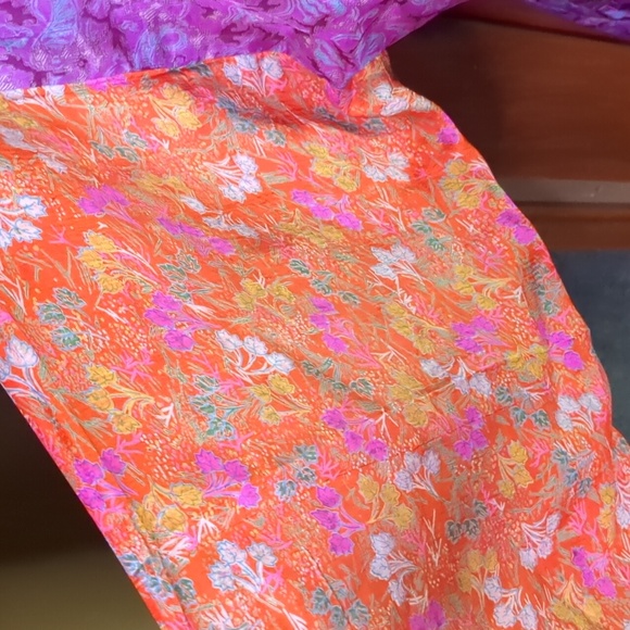 100% SILK kimono duster jacket tie front purple orange and yellow gold w/floral - Picture 3 of 12